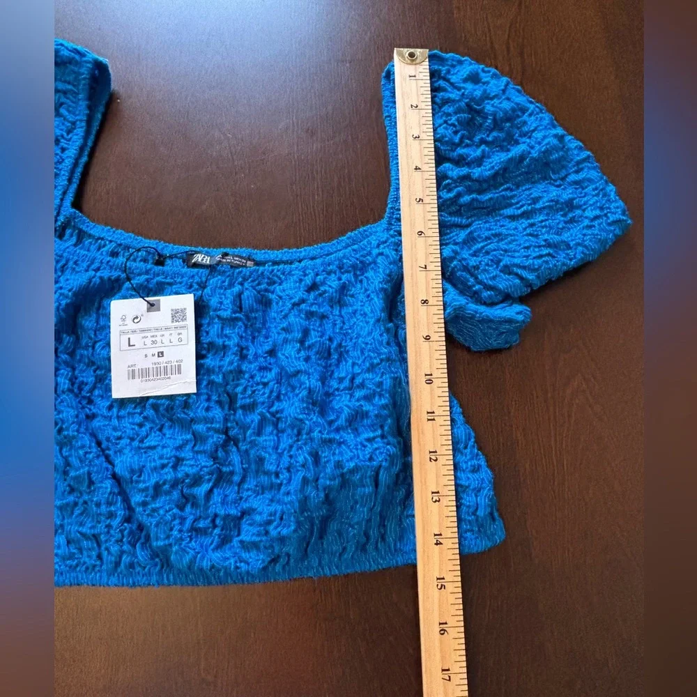 ZARA Cobalt Blue Textured Balloon Puff Sleeve Crop Top Boho Size Large NWT - Picture 11 of 11